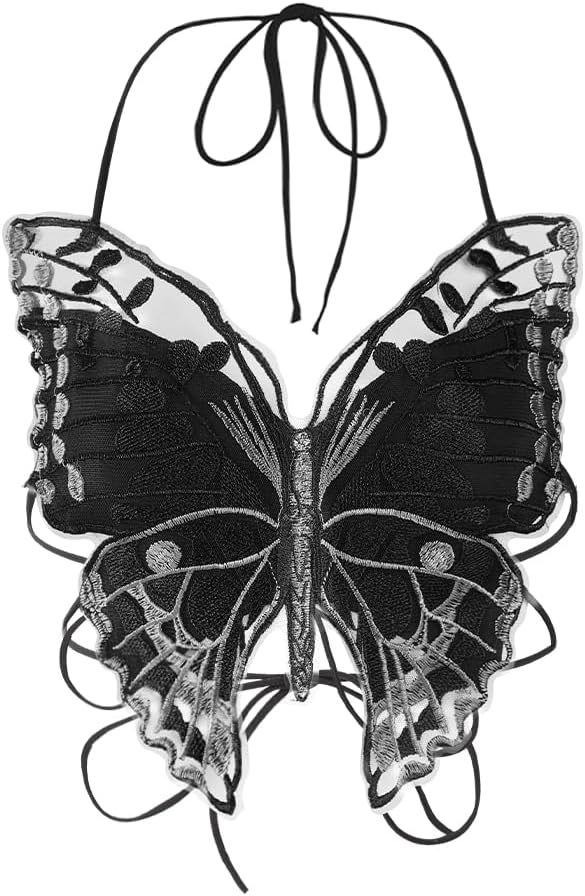 Crop Tops Damen Bauchfreie Oberteile mit Neckholder Rückfrei Cropshirt Schmetterling Camisole Tanktop Frauen Club Tank-Tops Sommer Cropped Top V-Ausschnitt Ärmellose Mode für Party Tanz Urlaub