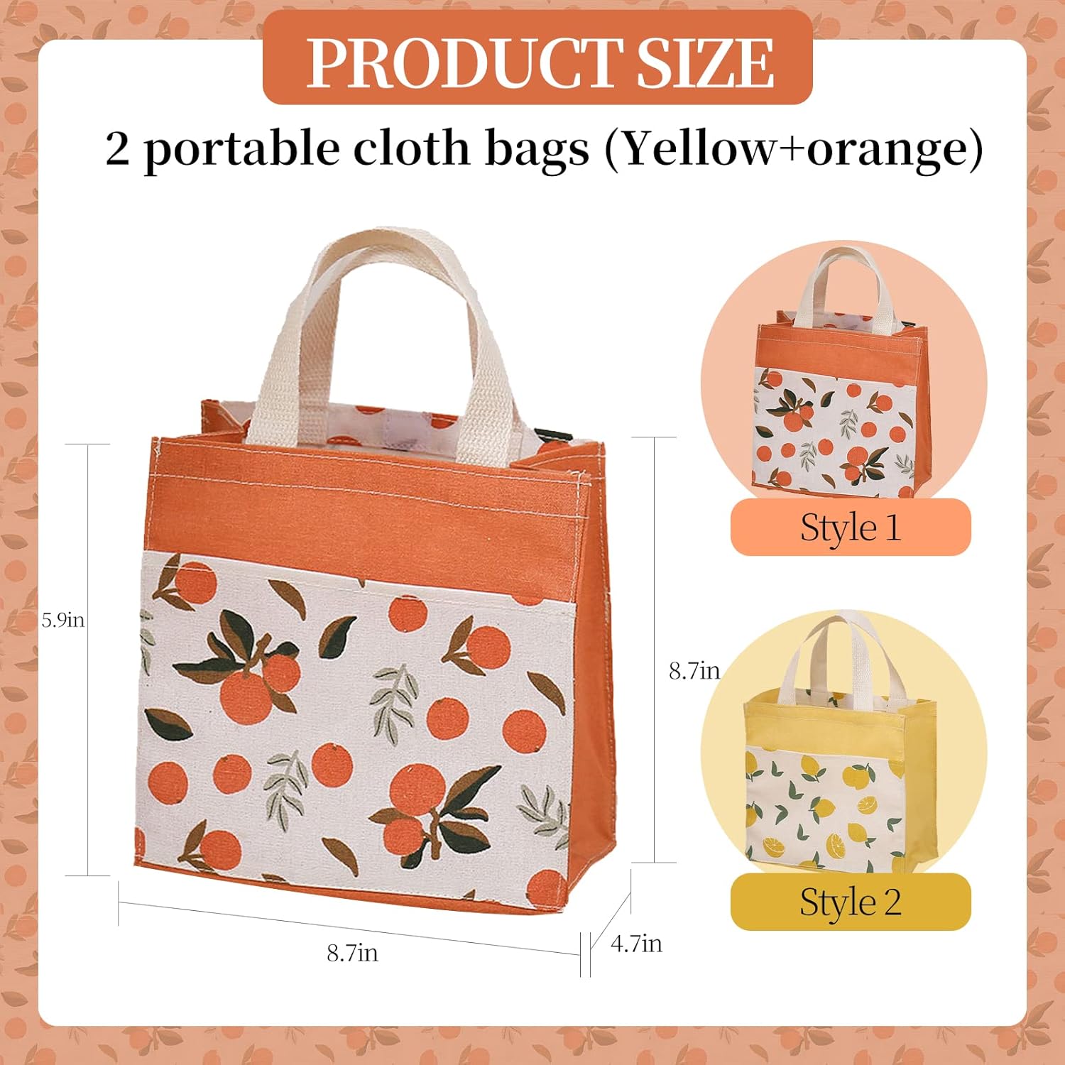 2Stk Stofftaschen Mit Griffen, Klein, Einkaufstasche Baumwolltasche Tragetaschen Wiederverwendbare, für Schule, Büro, Reise, Urlaub, Camping (Gelb+Orange, 22*22cm)