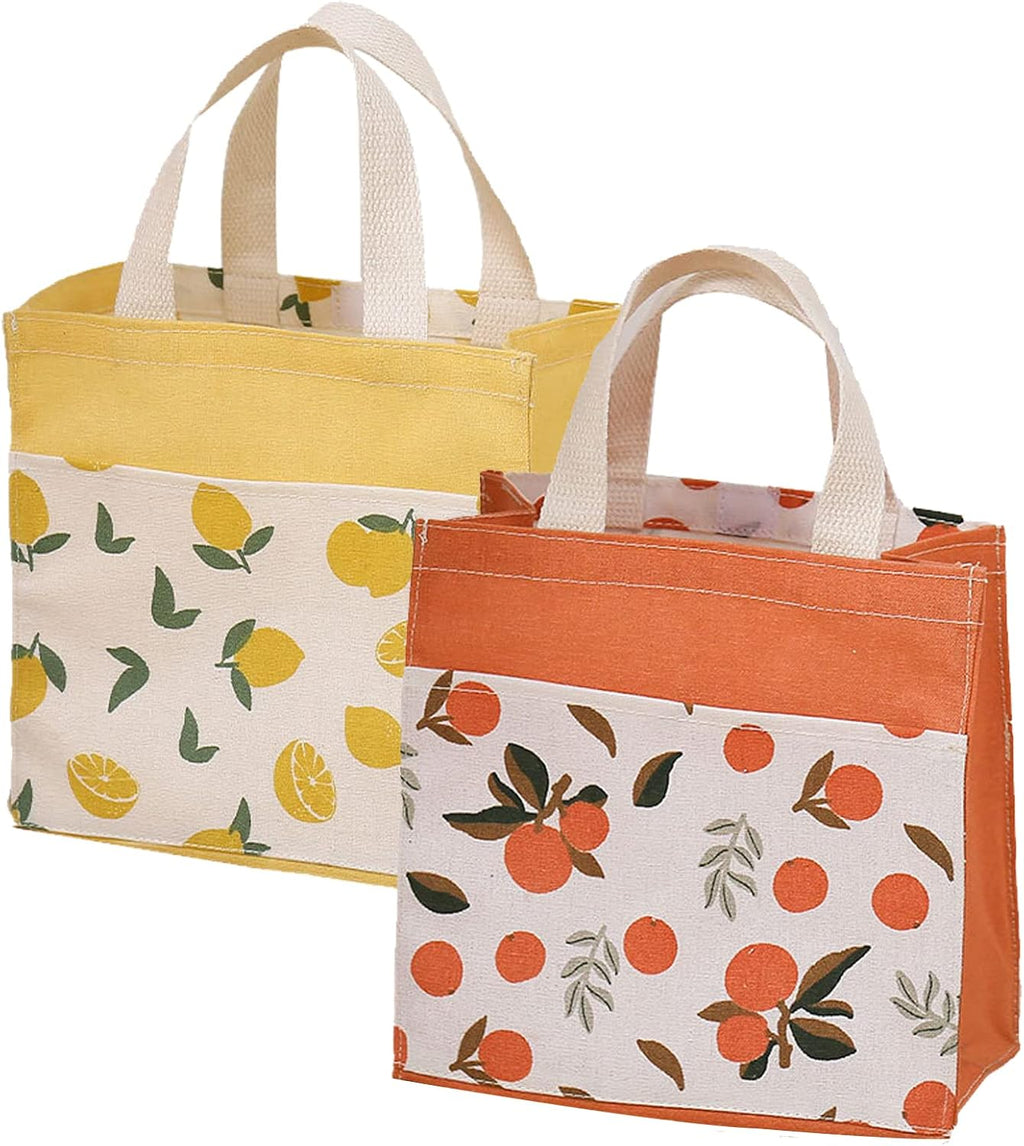 2Stk Stofftaschen Mit Griffen, Klein, Einkaufstasche Baumwolltasche Tragetaschen Wiederverwendbare, für Schule, Büro, Reise, Urlaub, Camping (Gelb+Orange, 22*22cm)