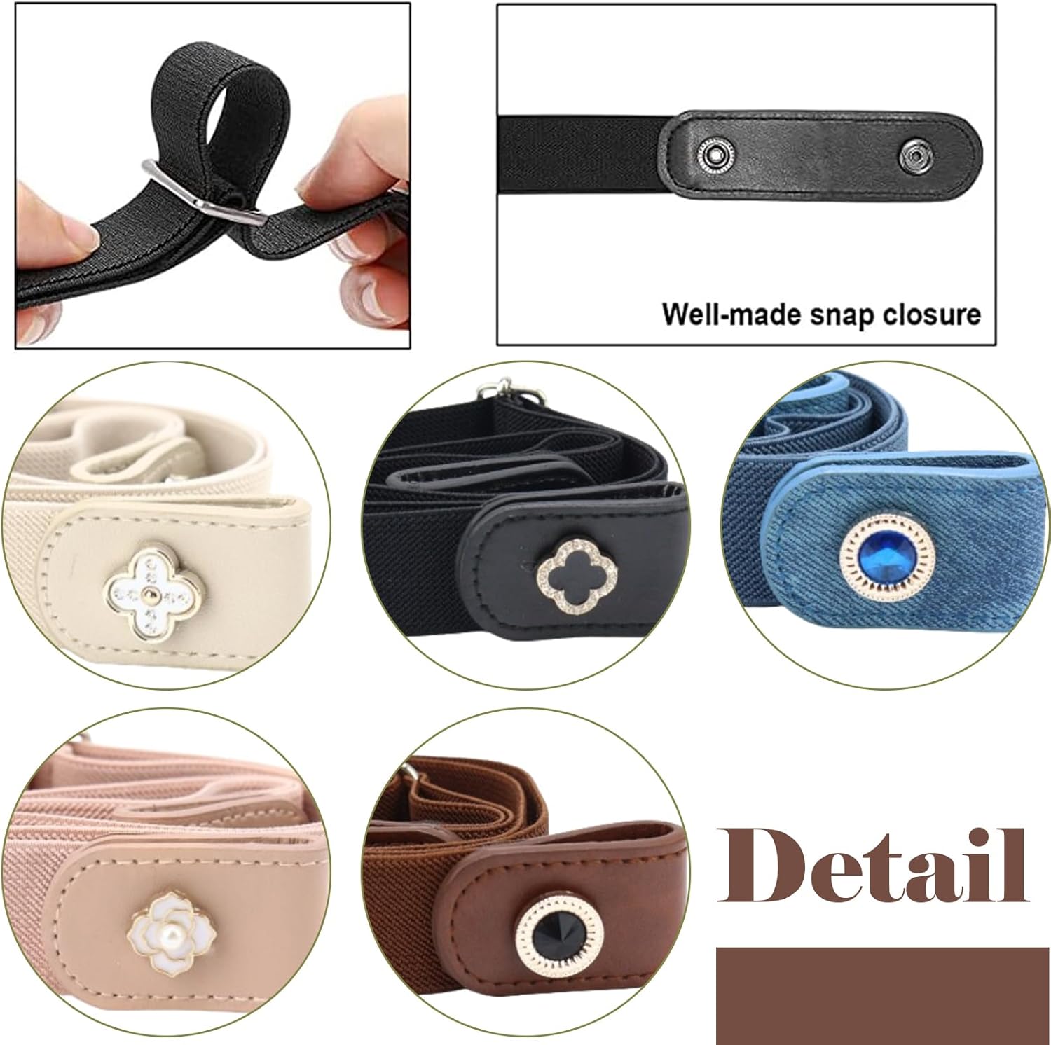 5 Stücke Gürtel für Damen und Unisex - Ohne Schnalle, Elastisch, Unsichtbar für Jeans, Hose, Kleid - Verstellbar, Schnellverschluss, Unsichtbare Taille