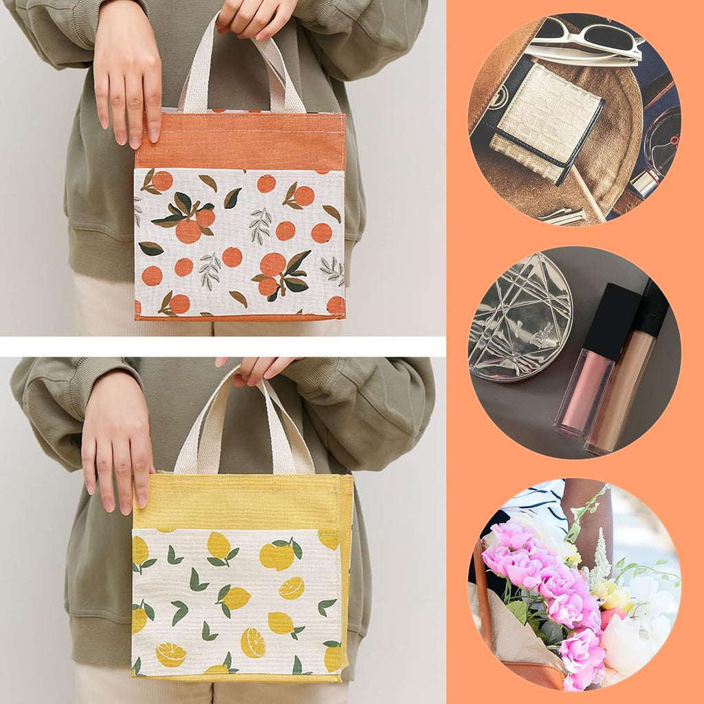 2Stk Stofftaschen Mit Griffen, Klein, Einkaufstasche Baumwolltasche Tragetaschen Wiederverwendbare, für Schule, Büro, Reise, Urlaub, Camping (Gelb+Orange, 22*22cm)